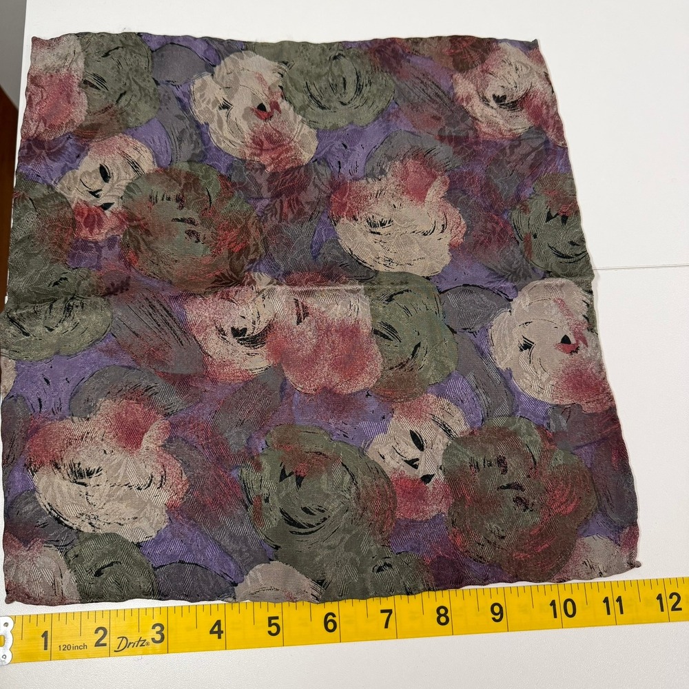 Vintage 80s Italy Silk Pocket Handkerchief Abstract Floral Jacquard Purple